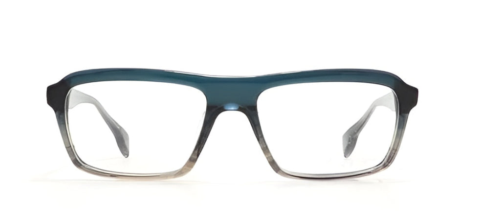 Eyeglasses with a blue and black frame on a white background