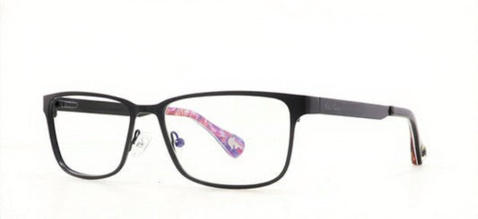 Black eyeglasses with purple accents on a white background