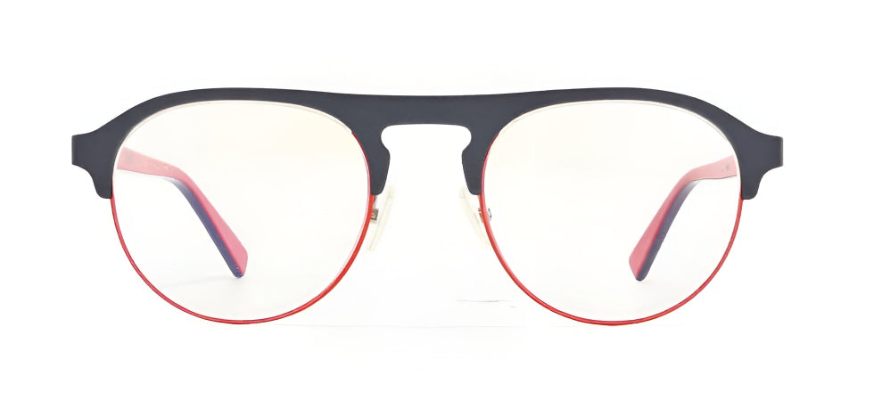 Black-framed eyeglasses with red accents on a white background
