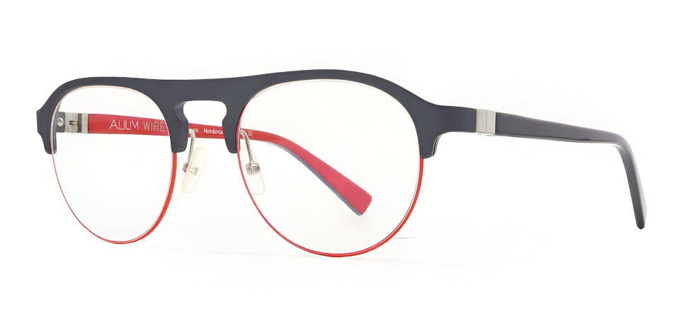 Eyeglasses with red arms and black frame on a white background
