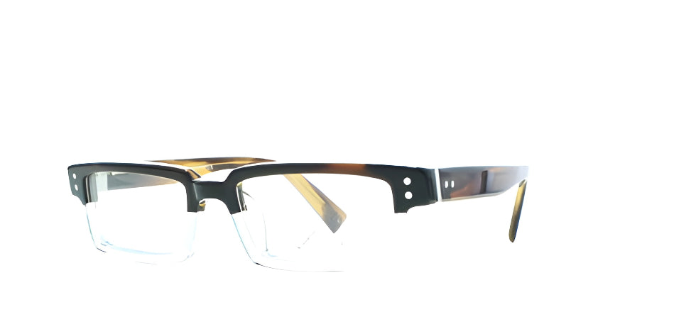 Eyeglasses with a black and gold frame on a white background