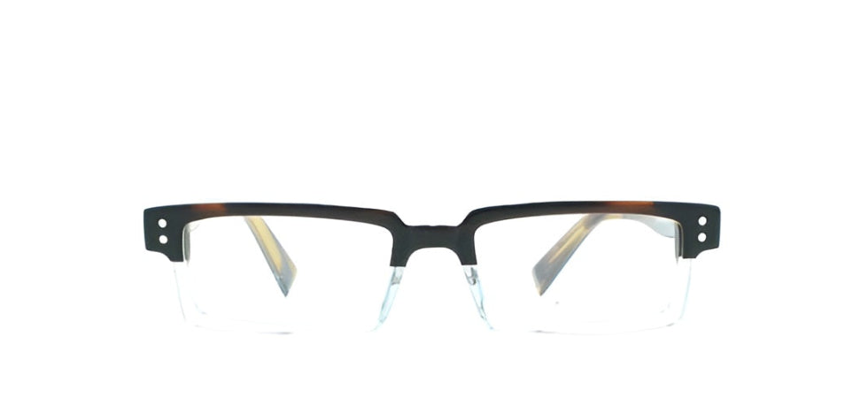 Black and brown eyeglasses on a white background